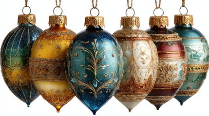 Colorful glass ornaments hanging in a row for holiday decorations in a festive setting