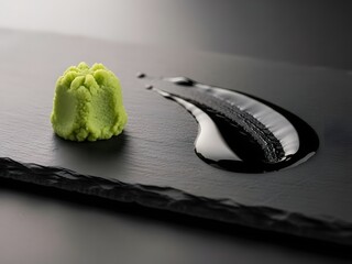 Minimalist wasabi and soy sauce on a slate plate
