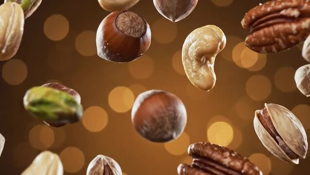 Assortment of Mixed Nuts Levitating Against a Warm Bokeh Background