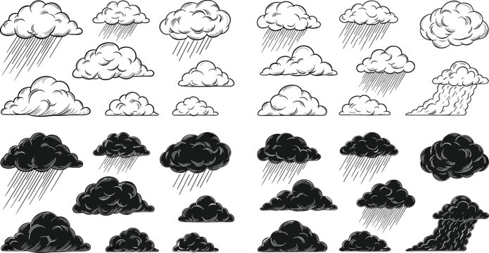 Hand drawn rain cloud icon set with weather variations, sketch style fluffy clouds and rainfall illustrations isolated on white background
