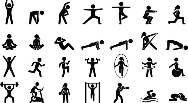 Human fitness pictogram icon set showing exercise yoga stretching strength training and sports activities, black silhouette figures isolated on white background