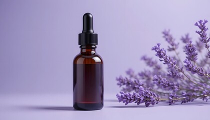 Lavender essential oil in dark glass bottle with fresh lavender flowers