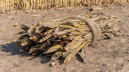 A close up of a bundle of dried brittle wheat stalks tied with rough twine lying on the dry soil of a field