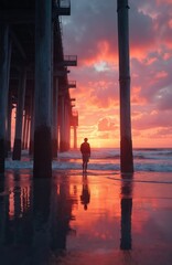 Fototapeta premium Man stands under pier watching fiery sunset over ocean waves. Sand reflects dramatic sky with orange clouds and calm water. Peaceful coastal scene at dusk.
