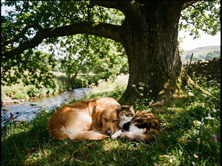 A Golden Retriever and a Calico Cat Resting Peacefully Together Under the Shade of a Large Tree Beside a Gently Flowing Stream