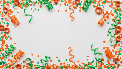 Obraz premium Vibrant orange and green confetti scattered on white background