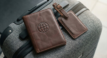 Leather passport holder with a generic globe emblem and luggage tag on a gray suitcase