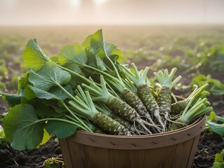A basket of wasabi roots in a misty field
