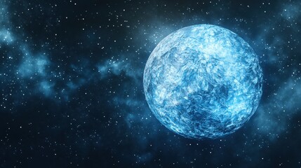 A bright blue planet glows in the vast expanse of space surrounded by distant stars and glowing nebulae
