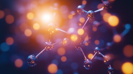 A bright light illuminates an abstract molecular structure with interconnected atoms and glowing bokeh effects