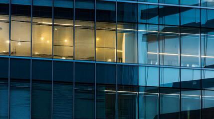 Modern office building shows windows lit at night with people working inside