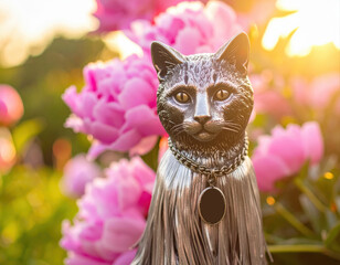 Metal cat sculpture with necklace in peony garden