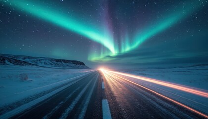 Northern lights road scene