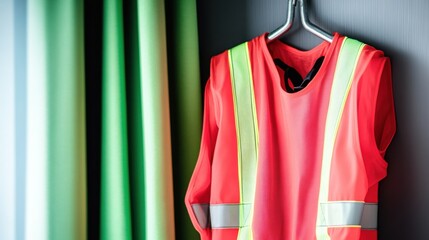 A bright orange high visibility safety vest with reflective strips hangs ready for work against a backdrop of green and dark elements