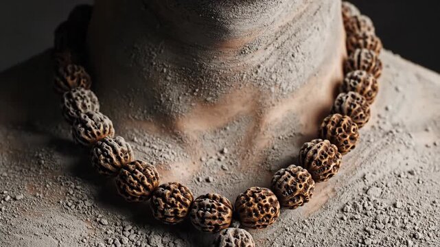 Close-up of a person's chest adorned with a traditional rudraksha seed mala necklace against a muted grey ash-covered background with dramatic studio lighting highlighting texture and detail