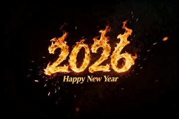Flaming numbers 2026 with happy new year text