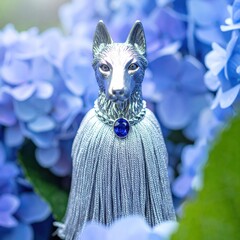 Silver wolf figurine with sapphire pendant in blue flowers