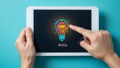 Hands holding tablet with creative lightbulb skills concept on screen
