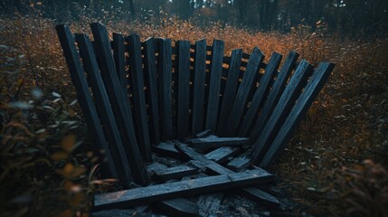 A broken wooden fence forming a chaotic barricade of dark splintered timber in an outdoor forest setting