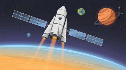 White rocket ship with solar panels in deep space near planets © srdesignhouse