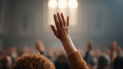 A Group of Worshippers Raising Their Hands in Song During a Hymn Celebration at Church in an Uplifting Atmosphere of Spiritual Connection