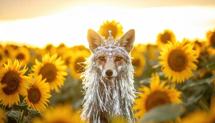 Fox wearing tiara in sunflower field at sunset