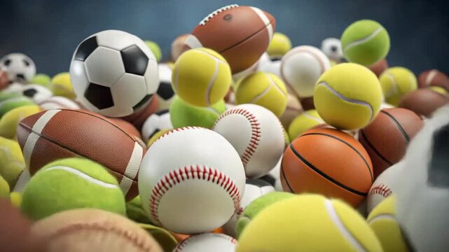Assorted Sports Balls Floating Against Dark Background in Studio Shot with Realistic Details and Lighting