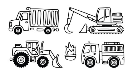 Construction Vehicles: A set of simplified illustrations of essential construction vehicles, from a rugged dump truck to a powerful excavator, a trusty tractor, and a dedicated fire truck. © hafs121
