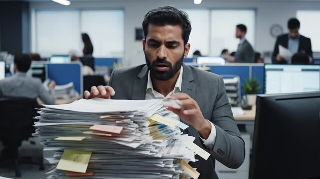 Man handling large stack of papers in office