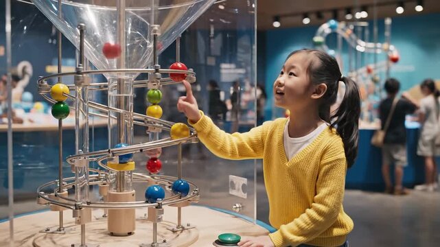 Young girl enthusiastically plays with interactive science exhibit at museum.