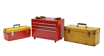 Three industrial metal toolboxes, new, modern, and vintage, arranged on a transparent studio background. Concept of evolution and durability of trade equipment
