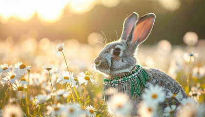 Elegant rabbit wearing jewelry in daisy field