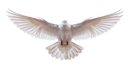 Obraz premium White Dove Flying Towards Camera on White Background
