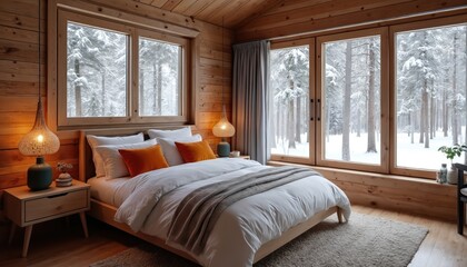 Obraz premium Cozy bedroom in wooden cabin adjacent to snowy forest. Warm interior lighting contrasts with winter landscape. Comfortable bed with orange pillows offers relaxing retreat.