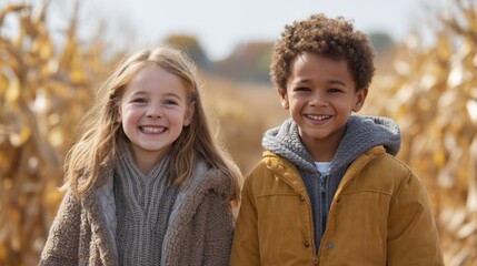 Fototapeta premium Joyful Children Laughing and Playing Together in Sunny Autumn Corn Maze Surrounded by Golden Crops and Full of Fun and Adventure