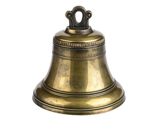 Close-up of a brass bell, showing intricate design, isolated against black backdrop