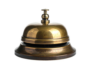 A brass service bell with a circular base, a domed top, and a small knob