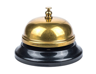 Close-up of a shiny, golden-topped bell on a black base, isolated against a dark backdrop