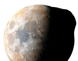 Close-up of lunar surface with craters and various hues. Partial illumination casts shadows