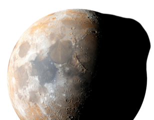 Close-up of lunar surface with craters and various hues. Partial illumination casts shadows