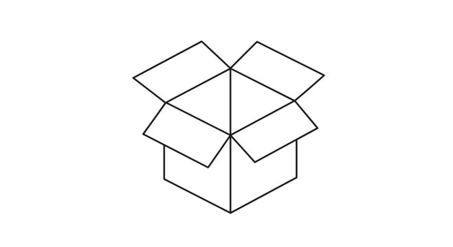 Classic line art drawing of an open cardboard box from a high angle view suitable for shipping, moving, or unboxing concepts.