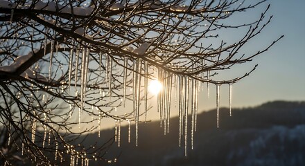 Icicles hanging from bare tree branches covered in frost and a dusting of snow glisten brightly under the intense low winter sun at sunrise or sunset overlooking a distant landscape