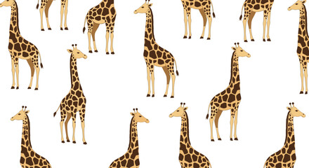 Obraz premium Elegant giraffes stand gracefully in a repeating pattern across a clean white background for a sophisticated animal themed design.