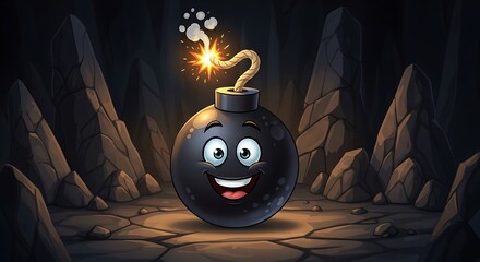 Cartoon Bomb Character with Lit Fuse in Dark Cave.