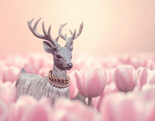 Elegant deer statue with gold chain in pink tulips