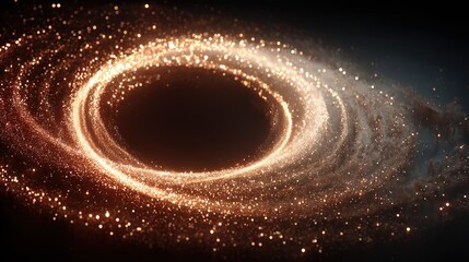 Swirling golden light forms a ring with bright particles at a dark background during a digital art creation process