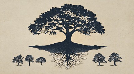 the illustration of the silhouette oak tree with roots logo design.