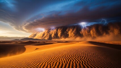 Dramatic Desert Sandstorm with Lightning Strikes and Dark Storm Clouds Over Rippled Dunes at Sunset