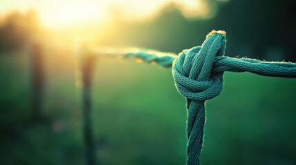 A close up of a thick green rope tied in a secure knot illuminated by soft golden sunlight