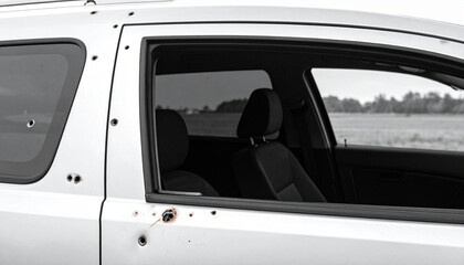 Car door with bullet impact holes and open window, crime scene concept